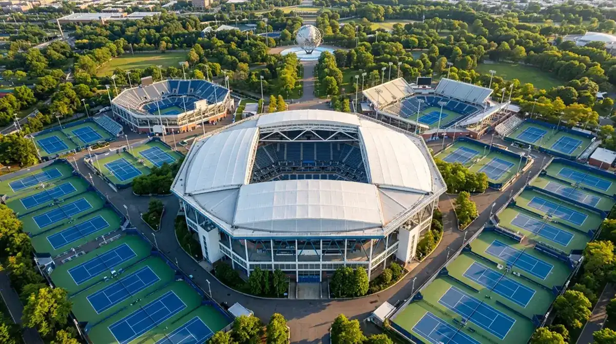 Arthur Ashe Stadium met retractable dak op Flushing Meadows tijdens US Open