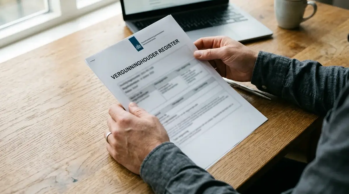 Document met Kansspelautoriteit-vergunning op een bureau, persoon controleert lettertype