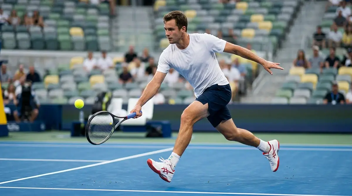 Tennisspeler slaat een forehand op een blauw hardcourt tijdens een live spelmoment